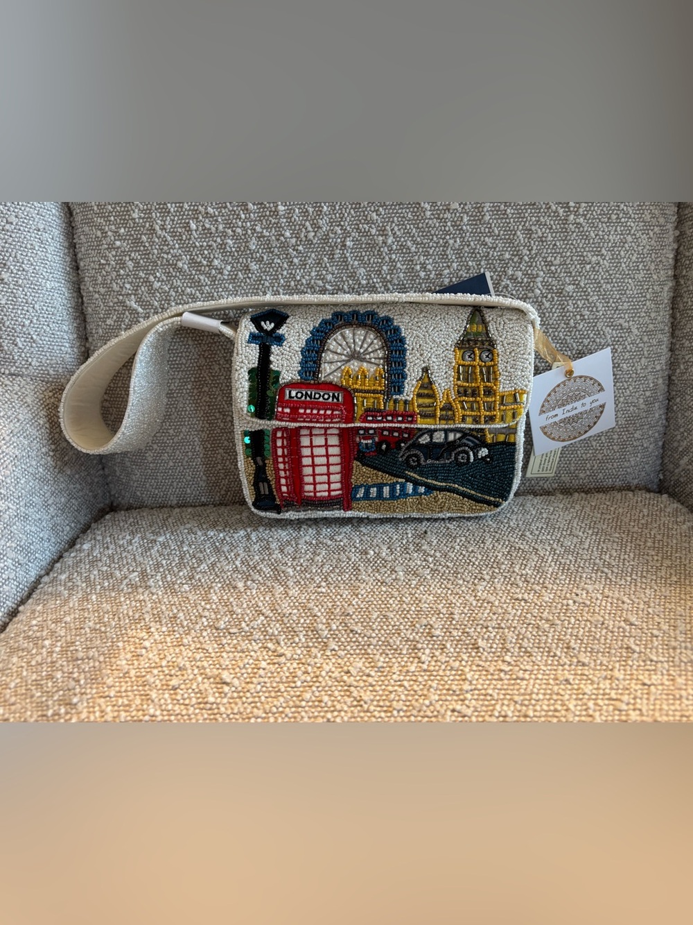 Beaded London Landmark Crossbody Bag in Ivory and Red